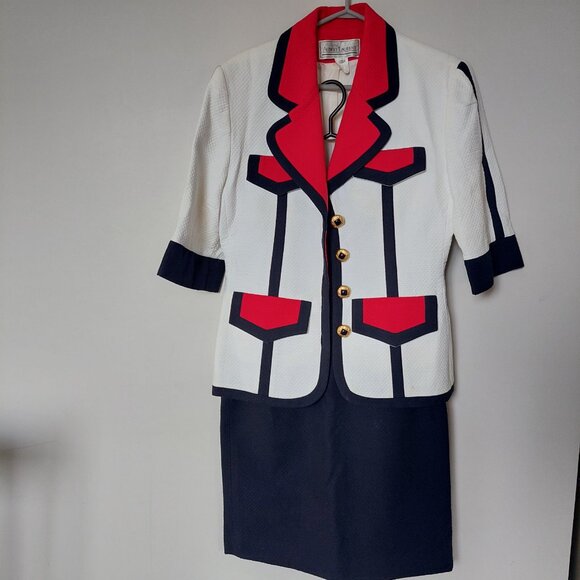 Audrey Laurent Vintage White/Red/Navy  TRIM Skirt Blazer Suit, Size 10 - Picture 1 of 12